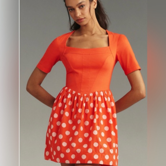 Anthropologie Dresses & Skirts - Anthropologie Orange/coral and White Polka Dot Mini Dress with pockets